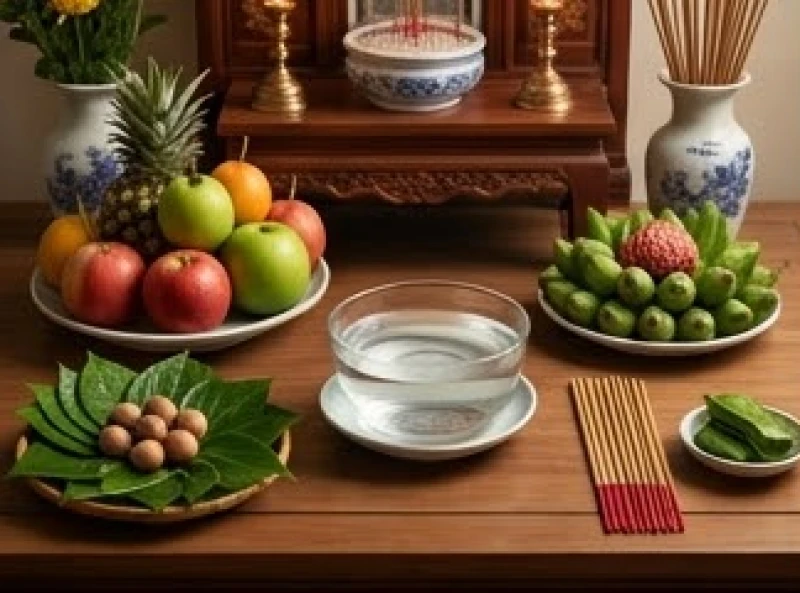 Mâm lễ cúng gia tiên với đầy đủ trầu cau, hoa quả tươi và bát nước sạch đặt ngay ngắn trên ban thờ