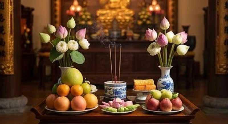 Mâm lễ chay thanh tịnh gồm hoa quả tươi và hương đăng được chuẩn bị cẩn thận trước khi dâng lên ban thờ