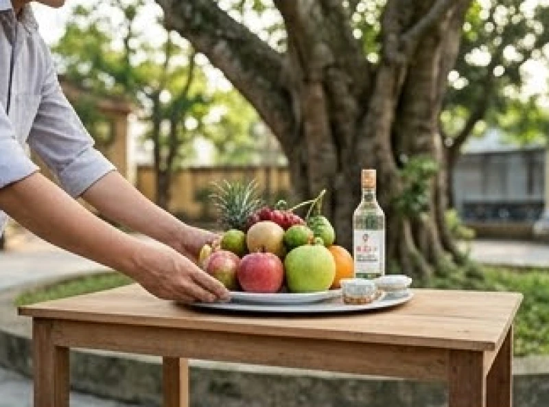 Gia chủ đang chuẩn bị mâm lễ tươm tất để cúng thần cây trước khi tiến hành cắt tỉa