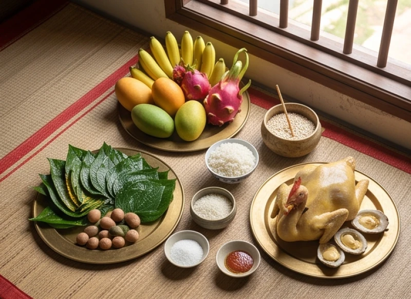 Văn khấn Thành Hoàng làng: Bài cúng chuẩn tại đình và bái vọng 3 Các vật phẩm cúng lễ đa dạng được bày biện gọn gàng trên mâm đồng truyền thống