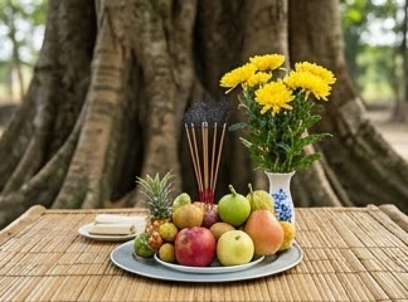 Văn khấn cây đa cổ thụ: Bài cúng chuẩn tâm linh & cách sắm lễ 1 Mâm lễ cúng chay gồm nhang đèn, trái cây và hoa tươi đặt trang trọng dưới gốc đa