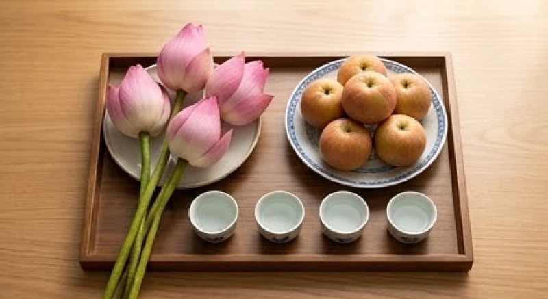 Mâm lễ cúng Mẫu Liễu Hạnh tại gia được chuẩn bị tươm tất với hoa tươi, quả ngọt và chén nước thanh khiết