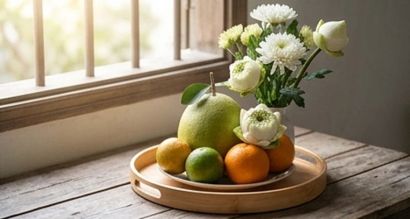Mâm lễ chay cơ bản gồm hoa tươi và trái cây dâng lên ban thờ vào ngày mùng 1 đầu tháng