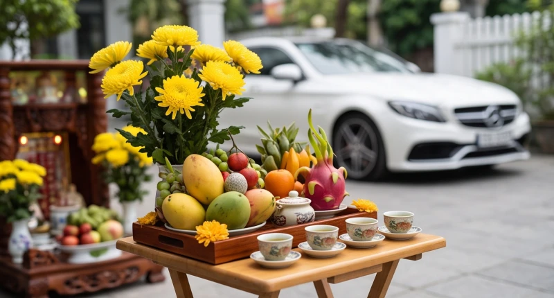 Mâm lễ cúng xe ô tô mới cần chuẩn bị đầy đủ hoa quả xôi nếp và hương đăng để thể hiện lòng thành