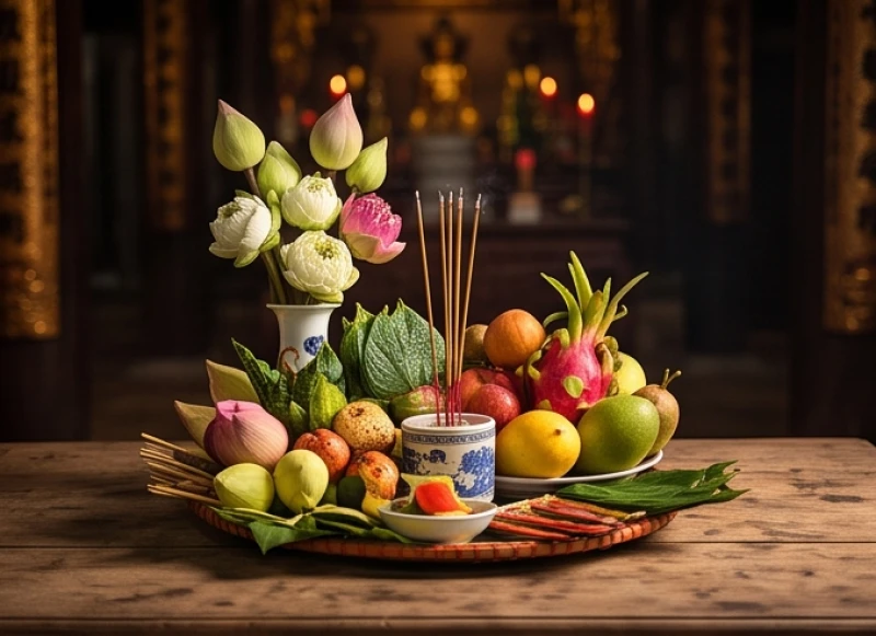 Mâm lễ vật được sắp xếp gọn gàng với hoa quả và trầu cau chuẩn bị dâng lên đền Mẫu
