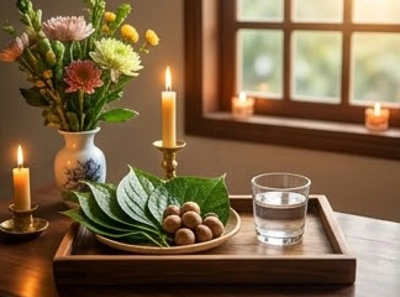 Mâm lễ vật cúng rằm tháng Chạp gồm hương hoa tươi, trầu cau và nước sạch được sắp xếp ngay ngắn