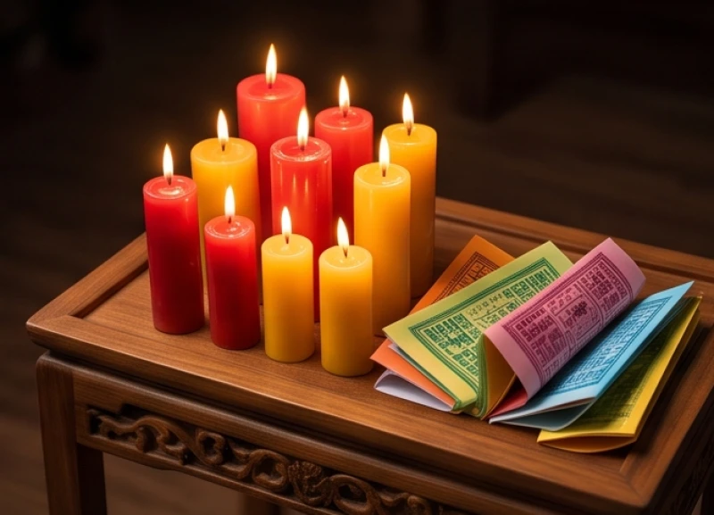 Các ngọn nến đỏ và vàng được xếp ngay ngắn bên cạnh bài vị cúng sao đặt trên khay gỗ chạm khắc