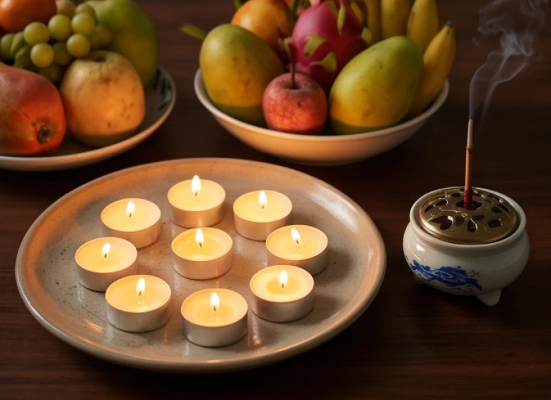 Bảy ngọn nến nhỏ được xếp ngay ngắn trên chiếc đĩa cùng bát hương và hoa quả tươi