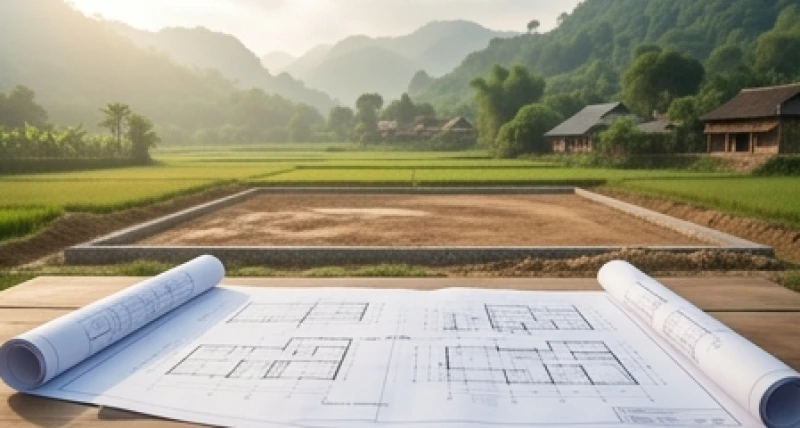 Bản vẽ thiết kế kiến trúc và một khu đất đang được san lấp phẳng phiu để chuẩn bị làm móng