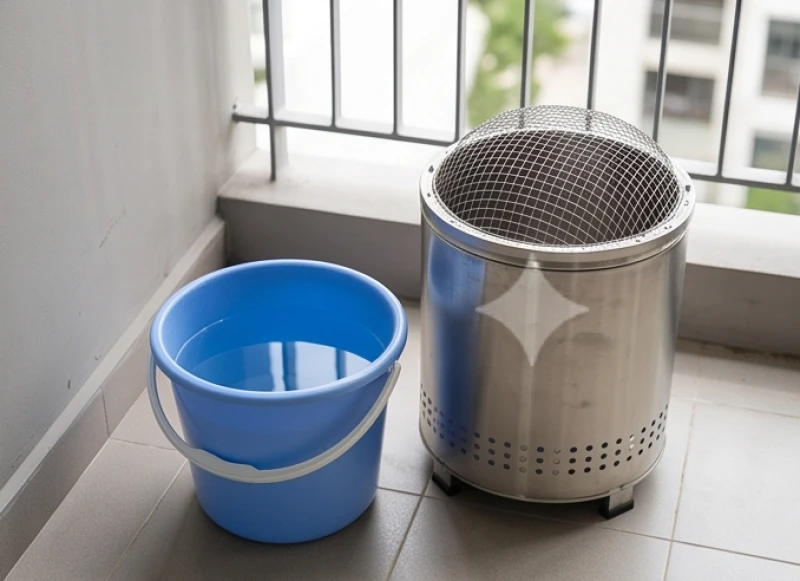 Chậu nước sạch đặt ngay cạnh thùng inox hóa vàng mã để dự phòng dập tàn lửa
