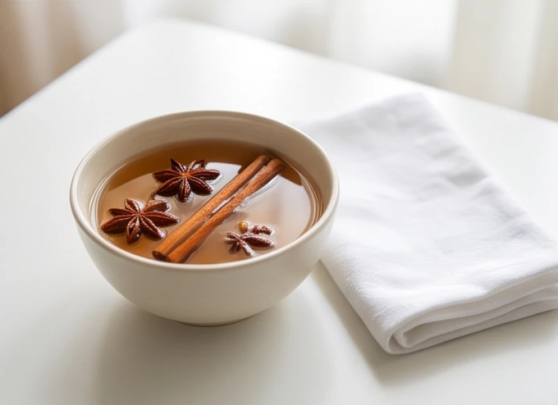 Bát gốm đựng nước thảo mộc ngũ vị hương và một chiếc khăn mềm sạch sẽ để lau vật phẩm