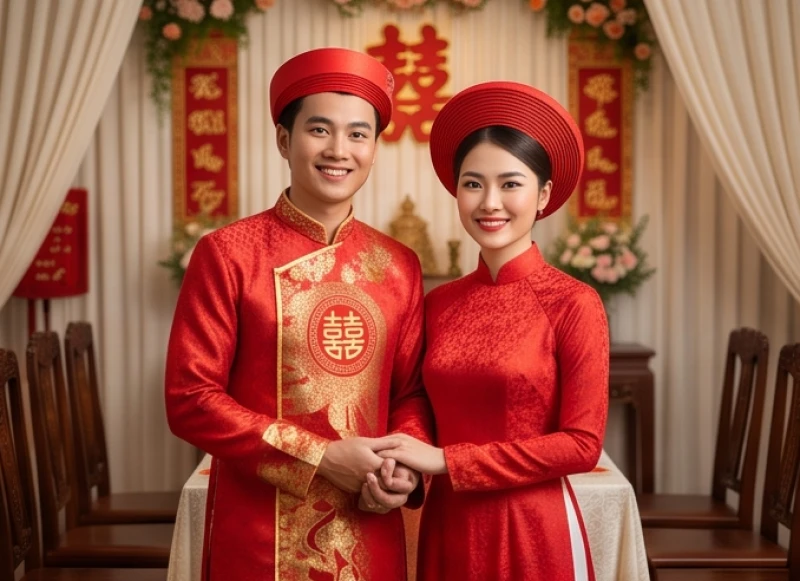 Cô dâu chú rể mặc áo dài truyền thống rạng rỡ trong ngày cưới hỏi