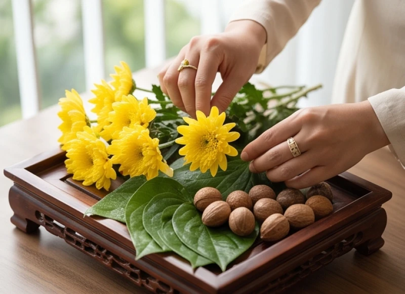 Gia chủ chuẩn bị mâm lễ vật với hương hoa tươi và trầu cau để thực hiện nghi thức văn khấn gia tiên