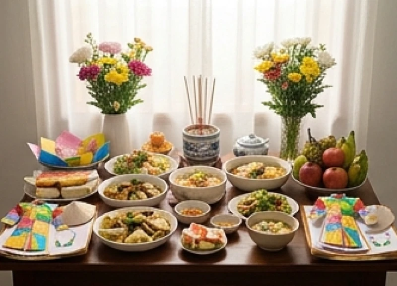 Văn khấn hết tang vợ: Bài cúng chuẩn Hiển thê & nghi lễ xả tang 2 Tổng thể mâm lễ vật xả tang bao gồm đồ mặn, hương hoa và vàng mã được bày biện gọn gàng