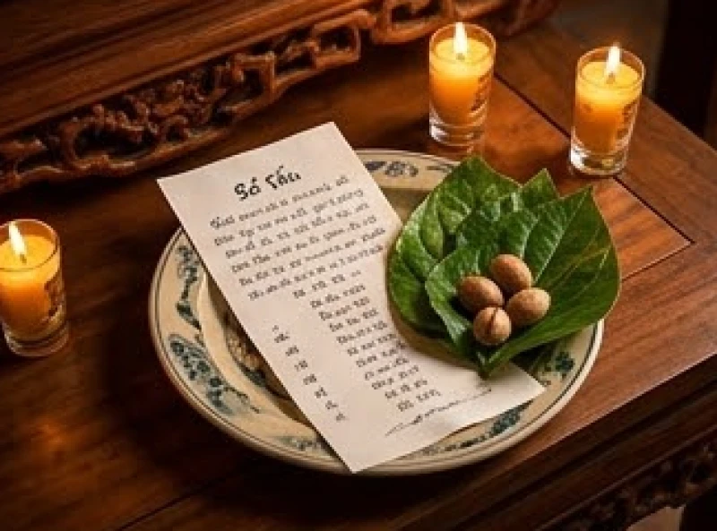 Tờ sớ tấu được viết cẩn thận đặt cùng trầu cau trên đĩa sứ chuẩn bị dâng lên ban thờ