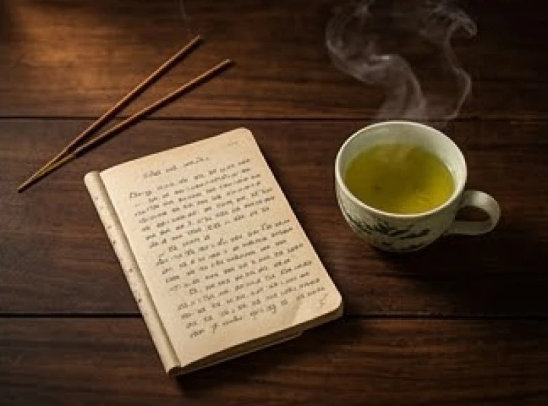 Cuốn sổ tay nhỏ ghi chép cẩn thận nội dung bài văn khấn cầu bình an đặt cạnh chén trà