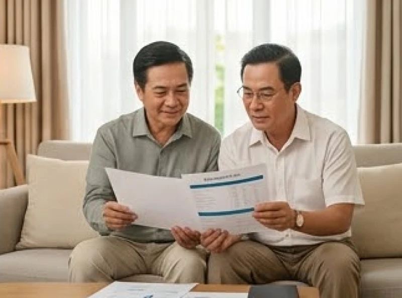 Cặp đôi trưởng thành cùng nhau xem xét bản kế hoạch tài chính gia đình trong phòng khách