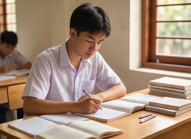 Học sinh đang tập trung ôn bài tại bàn học để chuẩn bị tốt cho kỳ thi sắp tới