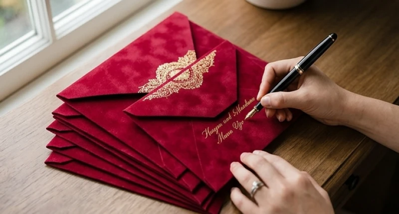 Tuổi Dần nên cưới vào năm nào: Cách tự tính Kim Lâu và mốc đại cát 12 Một xấp thiệp cưới màu đỏ nhung ép kim sang trọng đang được tỉ mỉ nắn nót tên khách mời bằng bút mực đen chuẩn bị gửi đi
