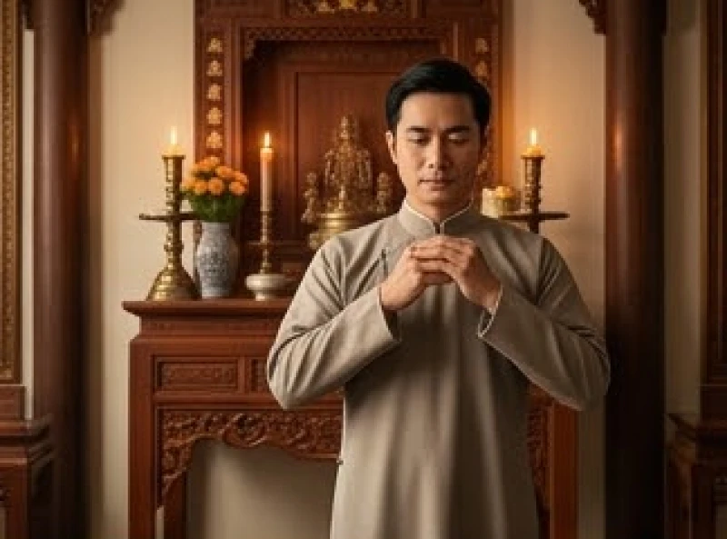 Người đàn ông mặc áo dài truyền thống chỉnh tề chuẩn bị thực hiện nghi lễ cúng gia tiên