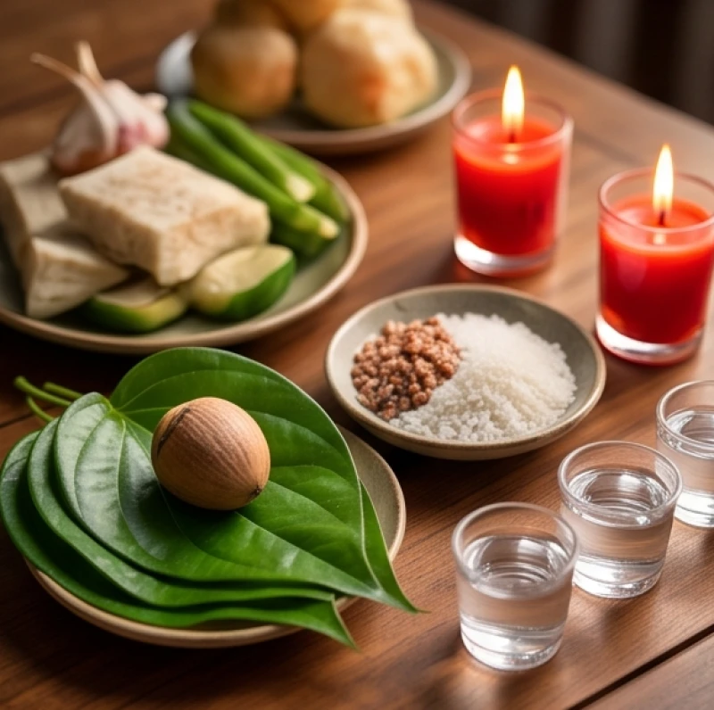 Văn khấn ngoài trời ngày rằm: Bài cúng chuẩn, vị trí và hướng lạy 4 Đĩa trầu cau xanh mướt xếp úp cẩn thận bên cạnh chén nước sạch, đĩa muối gạo và nến đỏ trên bàn lễ tâm linh