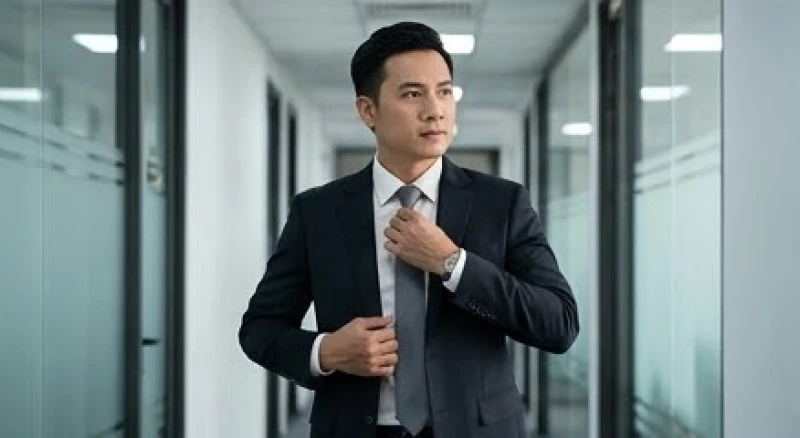 Nam giới mặc vest chỉnh tề đang vuốt lại ve áo chuẩn bị bước vào phòng họp