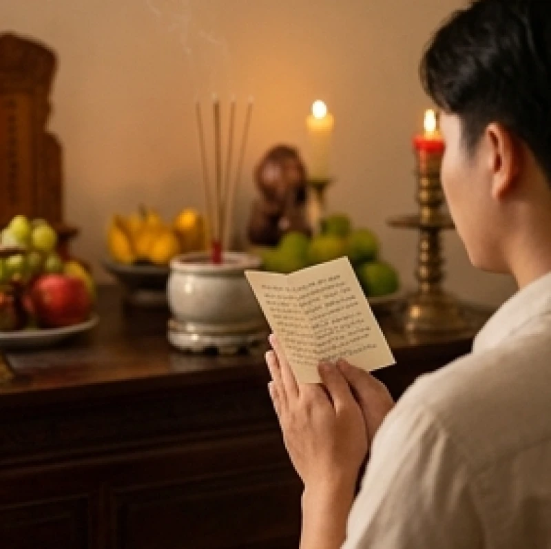Cách ghi ngày tháng trong văn khấn: Công thức điền và mẫu chuẩn 11 Gia chủ cầm tờ giấy ghi chú nhỏ đã chép sẵn thông tin Can Chi đứng chắp tay cẩn cáo trước ban thờ