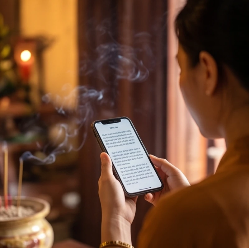 Hành khách cầm điện thoại để đọc bài văn khấn Mẫu Thượng Ngàn tại đền Bắc Lệ thật rõ ràng