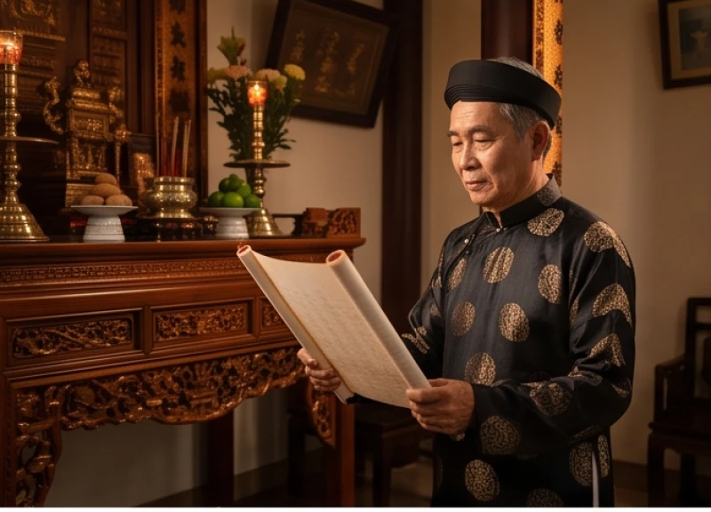 Đại diện hai họ đọc văn khấn gia tiên trong ngày ăn hỏi trước bàn thờ truyền thống
