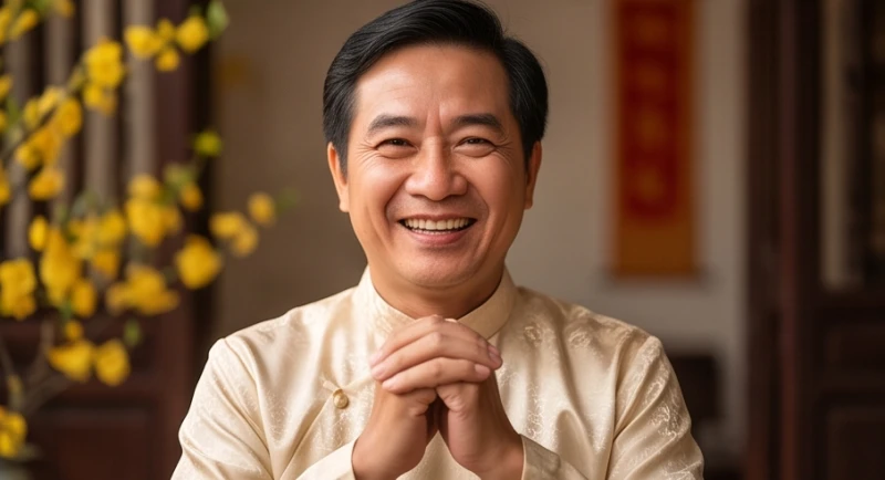 Khuôn mặt tươi cười rạng rỡ của một vị khách trung niên khi chắp tay chúc mừng năm mới gia đình bạn.