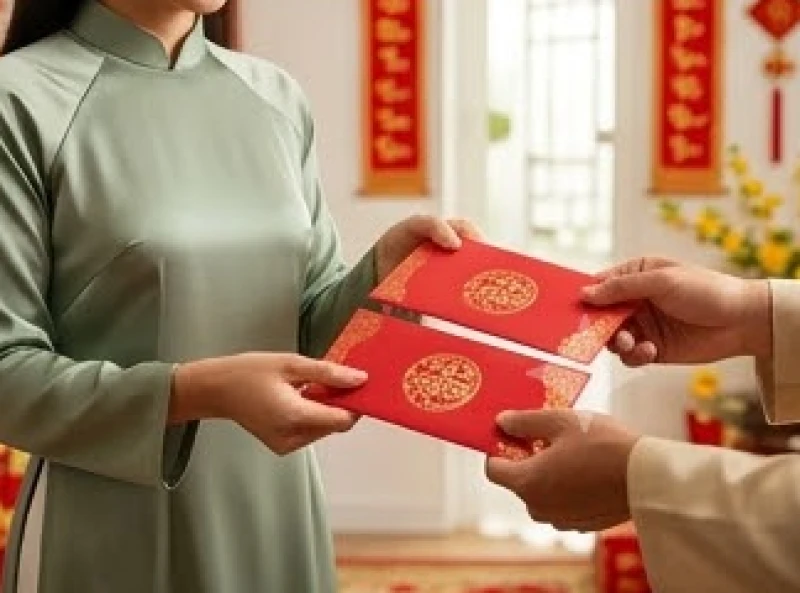 Hai người mỉm cười rạng rỡ trao nhau những phong bao lì xì đỏ thắm mang ý nghĩa may mắn và sung túc đầu năm