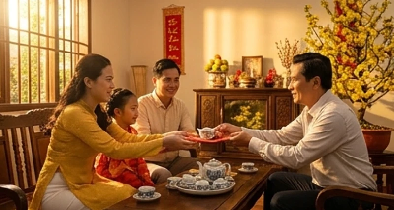 Tuổi Thân kiêng gì trong ngày Tết: chi tiết theo 5 nạp âm 3 Khách và chủ nhà cùng ngồi thưởng thức chén trà ấm, chúc nhau những lời tốt lành trong khoảng thời gian ngắn