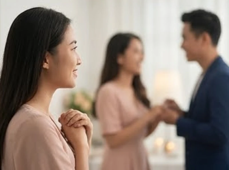 Cô gái đứng từ xa nhìn một cặp đôi đang ngập tràn hạnh phúc trong lễ đính hôn