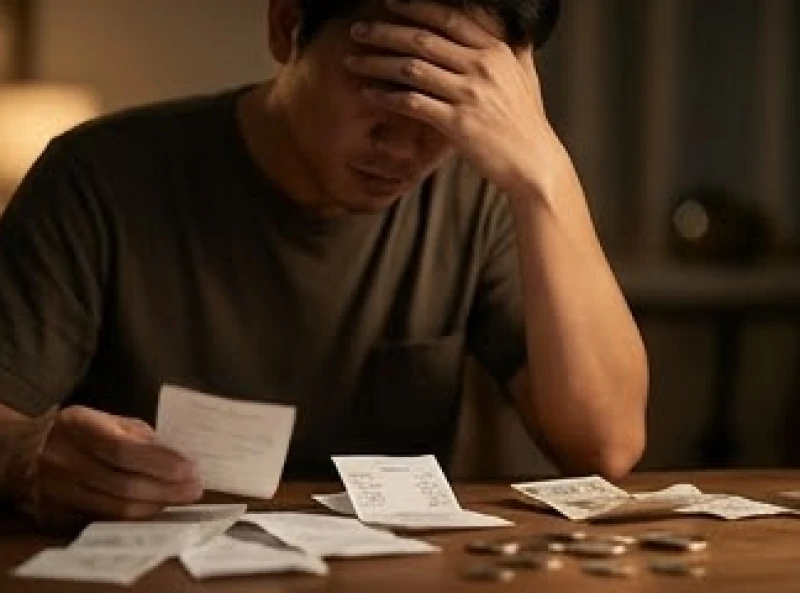 Bàn tay người mệt mỏi xoa trán trước vô số những đồng tiền lẻ và hóa đơn vụn vặt