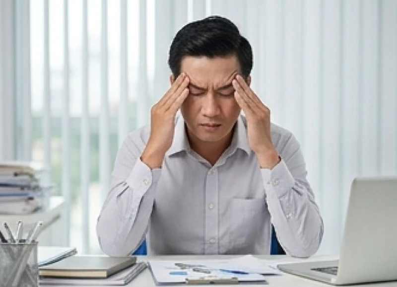 Nhân viên văn phòng mệt mỏi xoa bóp trán do căng thẳng thần kinh và chứng mất ngủ kéo dài