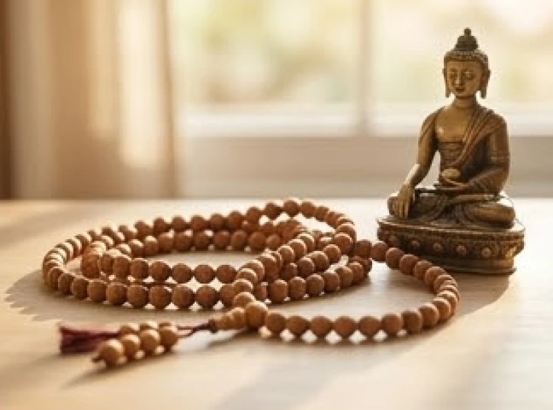 Chuỗi hạt mala 108 hạt dùng trong Phật giáo được đặt tĩnh lặng bên cạnh tượng Phật nhỏ