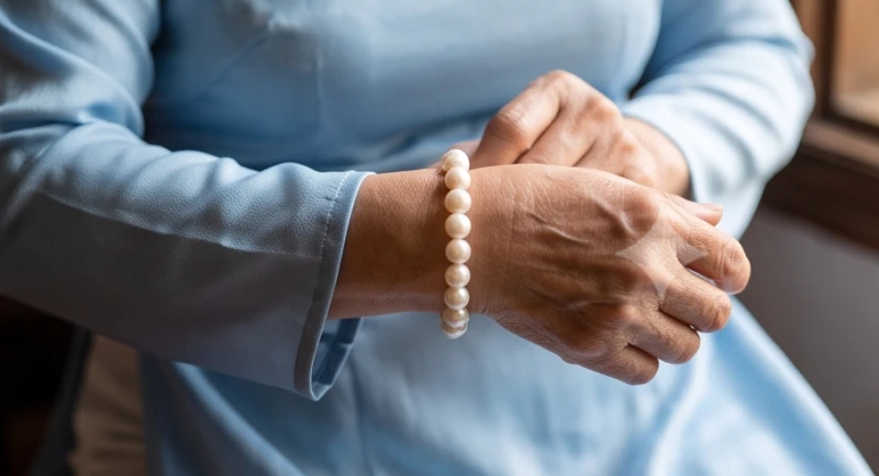 Chuỗi vòng tay ngọc trai trắng sang trọng tôn lên vẻ đẹp đài các của người lớn tuổi