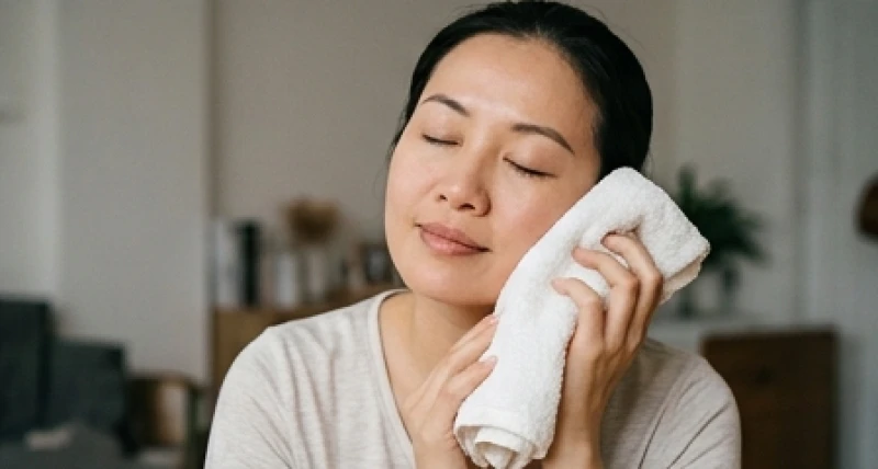Má phải giật là điềm gì: Tra cứu 12 khung giờ và rủi ro y khoa 4 Người phụ nữ đắp chiếc khăn ấm vắt kiệt nước lên má phải để làm dịu cơn co giật thần kinh cơ