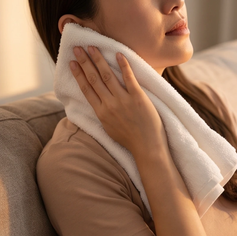 Người đàn ông áp chiếc khăn ấm vào tai trái để giảm bớt áp lực đau nhức