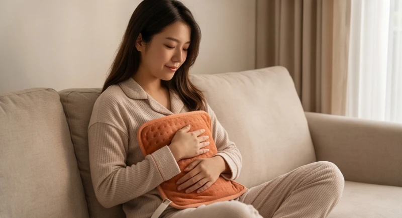 Cô gái dùng túi chườm ấm đặt lên người để xoa dịu những cơn đau nhức sinh lý trong kỳ kinh nguyệt