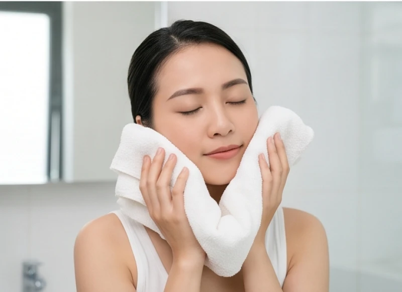 Môi giật là điềm gì: Bảng tra cứu 12 khung giờ và y khoa 9 Người phụ nữ áp chiếc khăn ấm lên khóe miệng để thư giãn cơ mặt và giảm co giật