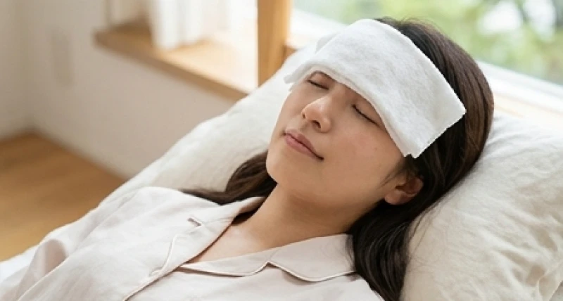 Mắt giật ở nữ là điềm gì? Giải mã tâm linh 24h & y khoa 6 Người phụ nữ đang nhắm mắt thư giãn với chiếc khăn ấm đắp nhẹ lên vùng mí mắt để giảm bớt sự co thắt