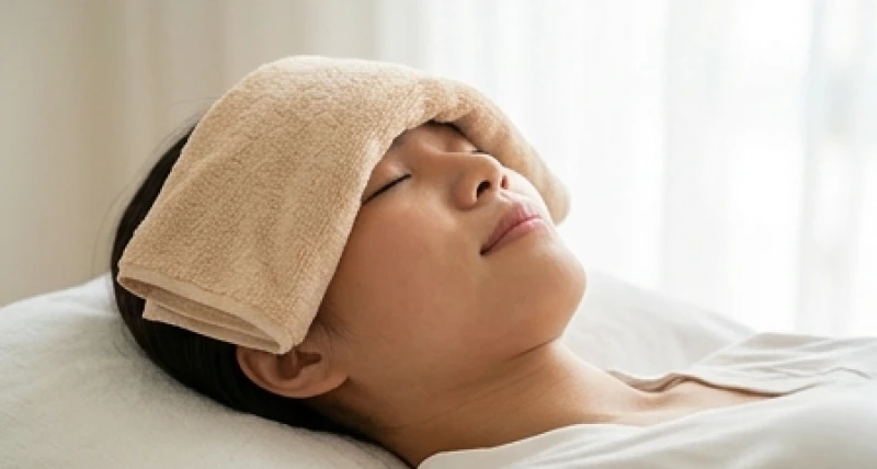 Cô gái nằm thư giãn đắp chiếc khăn ấm lên vùng mắt để làm dịu cơn ngứa rát