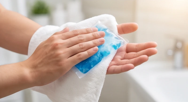 Một người đang dùng chiếc khăn mềm bọc viên đá lạnh để chườm nhẹ lên lòng bàn tay phải