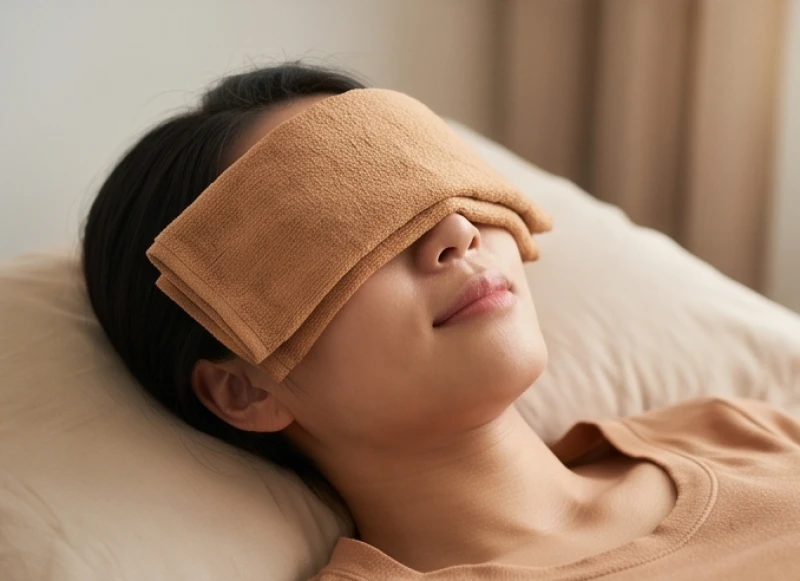 Người phụ nữ nhắm mắt thư giãn với chiếc khăn ấm đắp ngang vùng mắt đang co giật