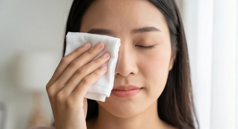 Áp nhẹ chiếc khăn cotton mềm bọc đá lạnh lên vùng mi mắt trái đang nhắm để làm dịu cảm giác sưng rát