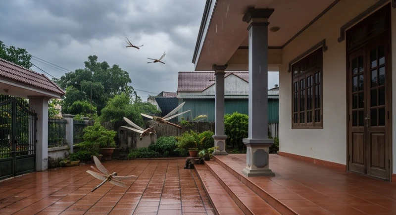Đàn chuồn chuồn bay là đà sát nền nhà trước hiên khi bầu trời bắt đầu chuyển mây đen, báo hiệu cơn dông.