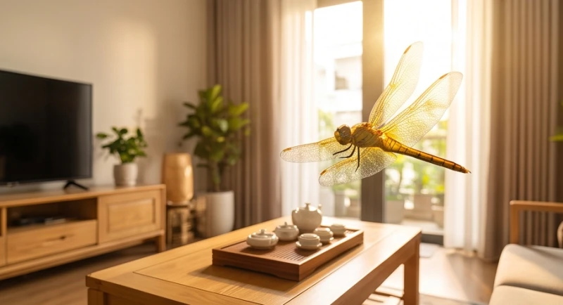 Chuồn chuồn màu vàng óng ánh chao lượn quanh khu vực bàn trà, tượng trưng cho vận may về tài chính sắp gõ cửa.