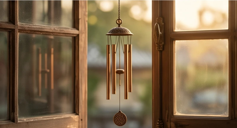 Chiếc chuông gió bằng đồng đỏ treo bên hiên nhà giúp hóa giải sát khí do cục diện Tứ hành xung tạo ra
