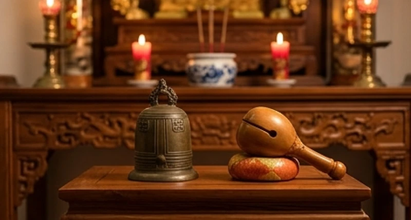 Bộ pháp khí gồm chiếc chuông đồng nhỏ và mõ gỗ tụng kinh được đặt trang trọng trên bàn thờ Phật